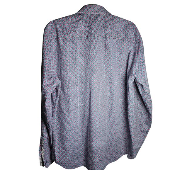 Bugatchi Mini Print Collared Button Up Blue Red Contrast Cuffs 100% Cotton - Picture 3 of 16